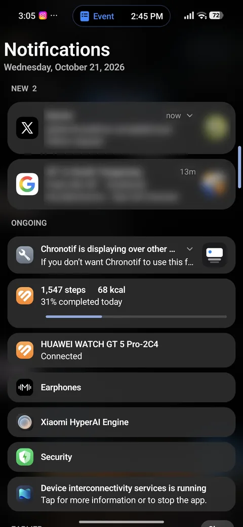 Chronotif's notification panel: two notifications under New 2, from now and 13 minutes ago, then a compact Ongoing section.