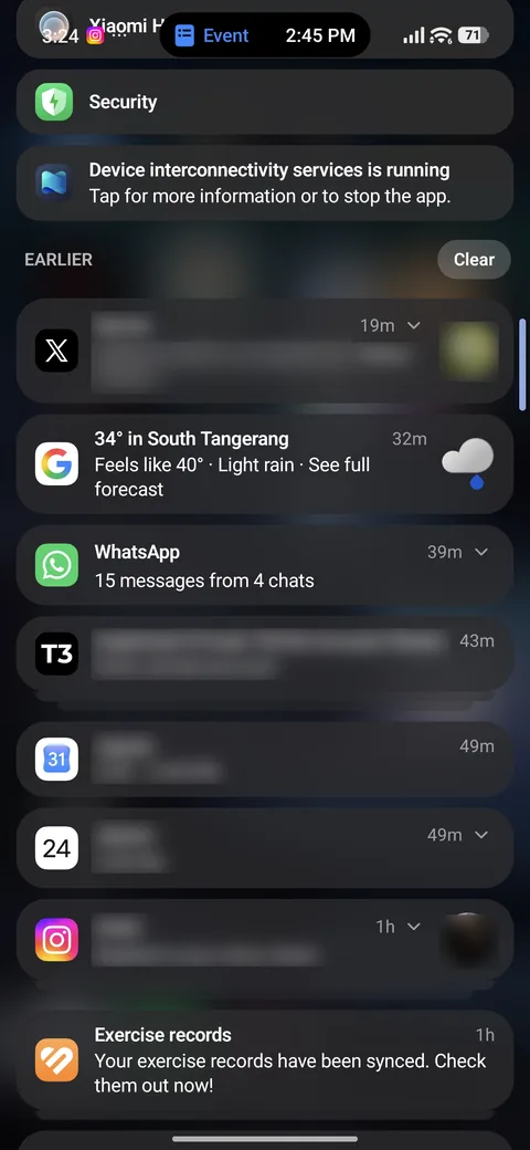The panel scrolled to Earlier: notifications from X, Google weather, WhatsApp, T3, two calendars, Instagram and a fitness app, from 19 minutes to 1 hour ago, newest first.